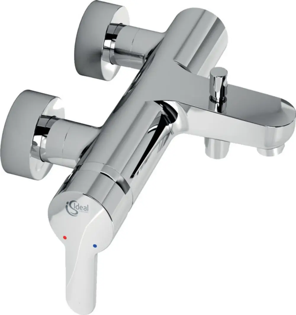 Chromene Badarmatur mit zwei Bedienelementen und einem zentralen Auslauf. Das Design stammt von Ideal Standard.